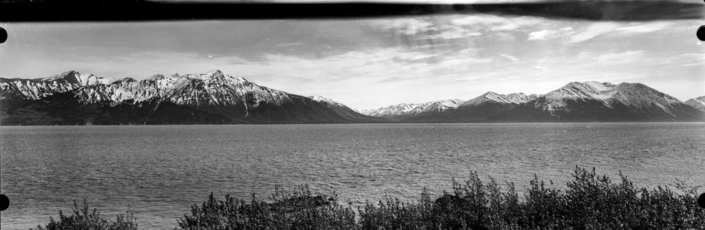A black-and-white film photo of Turnagain Arm, Anchorage Borough, Alaska